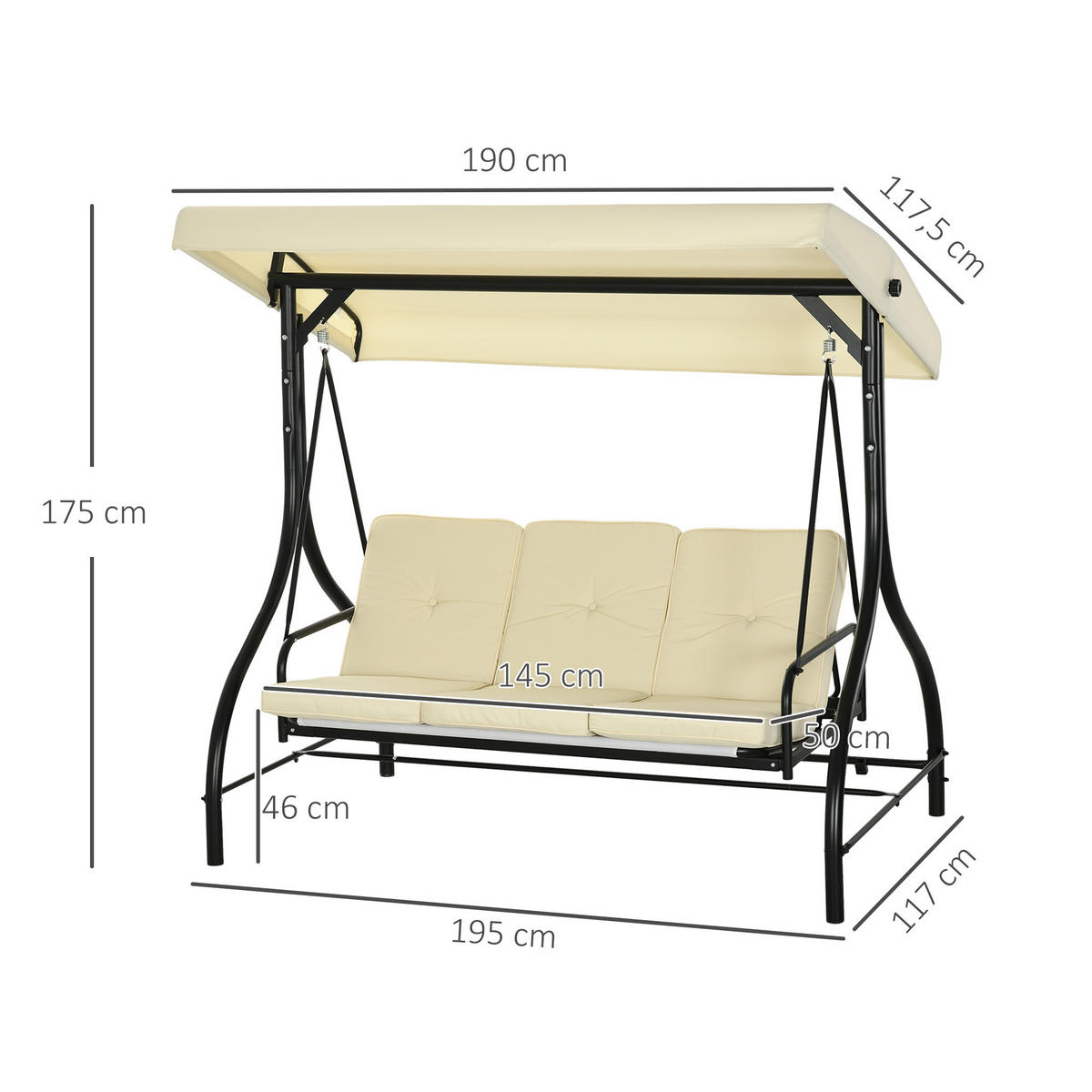 HOLLYWOODSCHAUKEL 3-Sitzer, 2 in 1 mi Liegefunktion - Beige, Metall (117/175/195cm) - Outsunny