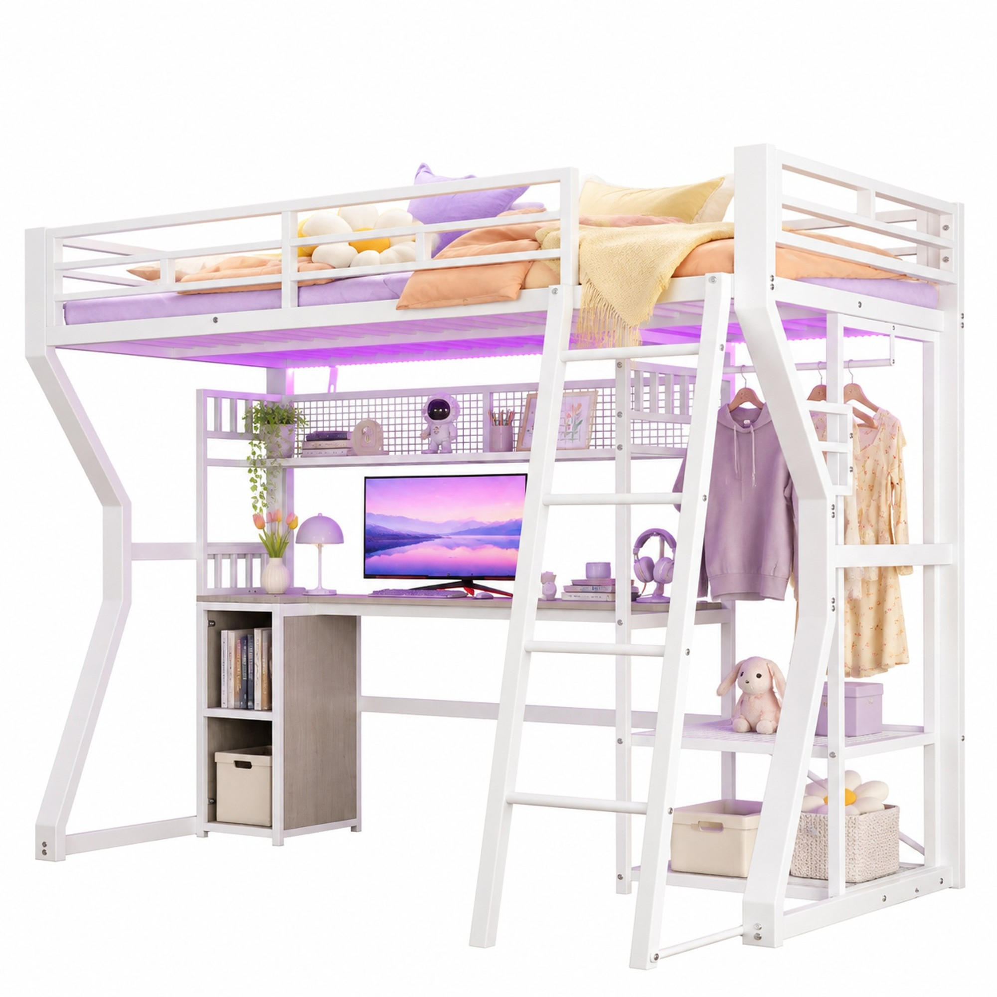 HOCHBETT 90/200 mit Lichtleiste, Steckdose und Schreibtisch in Weiß - Weiß, Holzwerkstoff/Metall (90/200cm) - EVRYAE
