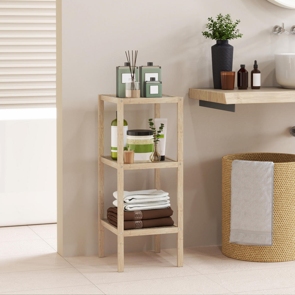 BADEREGAL, Badezimmerregal mit 3 Ebenen, 33 x 31 x 78 cm, Naturholz - Naturfarben, Naturmaterialen (33/78/31cm) - HOMCOM