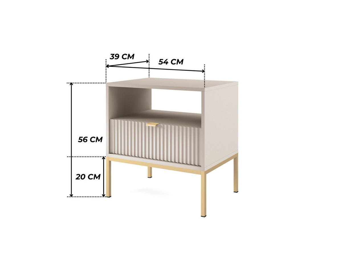 MODERNER Geriffelter Nachttisch KIOTO SN1SZ (Kaschmir, Gold Gestell, Vollauszug) - Kaschmir/Goldfarben, Holz/Holzwerkstoff (54/56/39cm) - Ravio