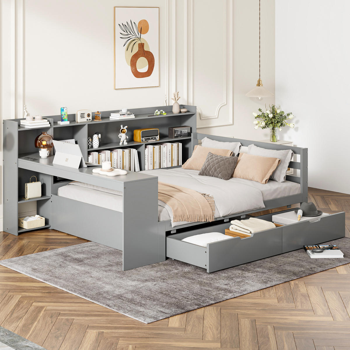 BETT aus Massivholz 140/200 cm mit Schreibtisch und Regalen grau - Grau, Holz (140/200cm) - OKWISH