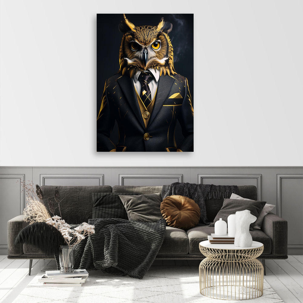 WANDBILD eulenvogel im anzug - Goldfarben, Textil (70/100cm) - Feeby