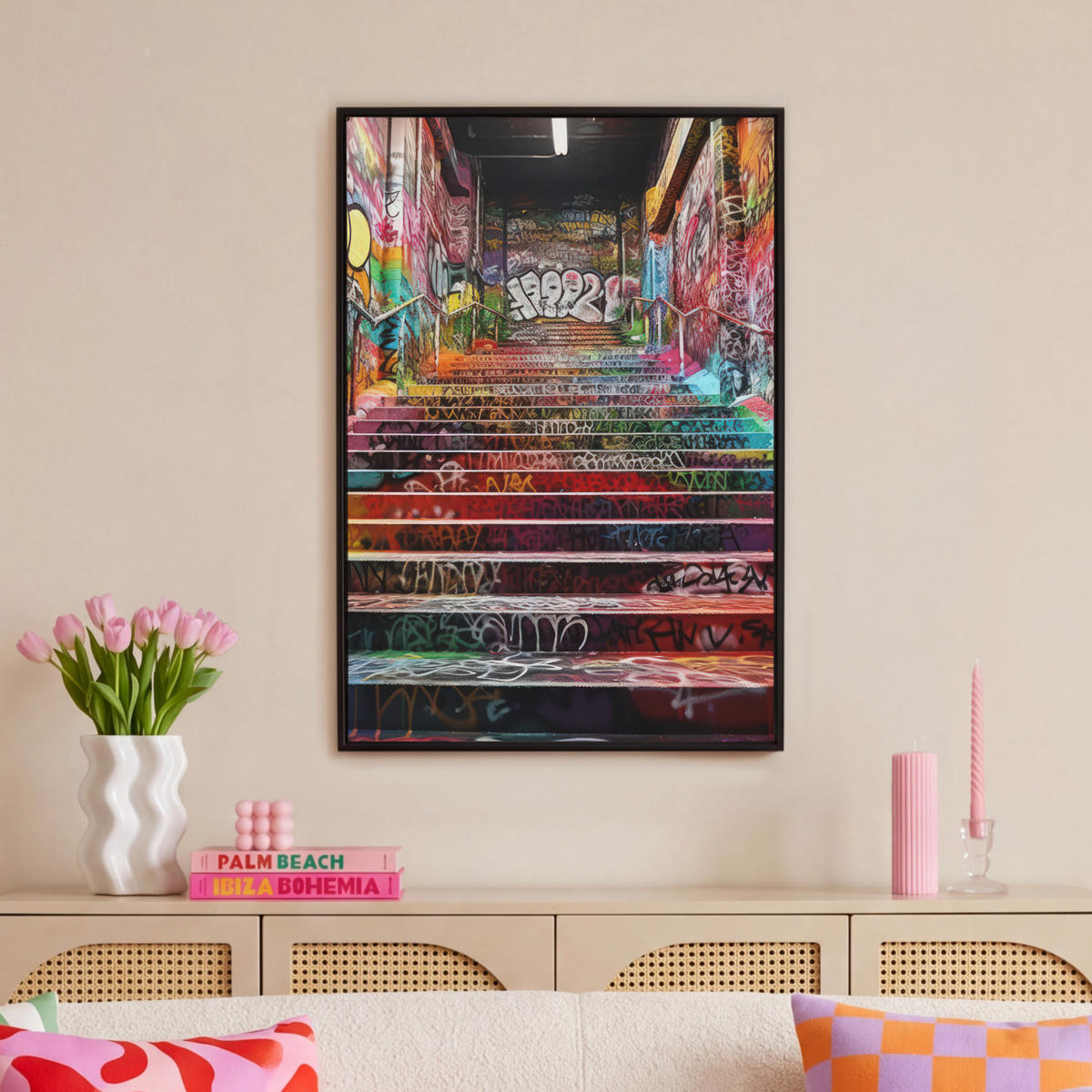 LEINWAND Bilder mit Rahmen - Treppe - Graffiti - Farben - Kunst - 60x90 - Multicolor, Textil (60/90cm) - MuchoWow
