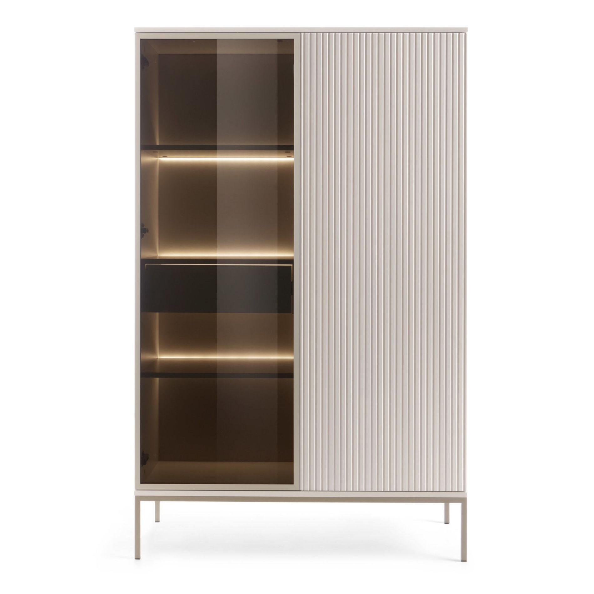 VITRINE Tosena Greige mit Schublade und LED - Kaschmir/Goldfarben, Holzwerkstoff/Metall (104/166/39cm) - Selsey