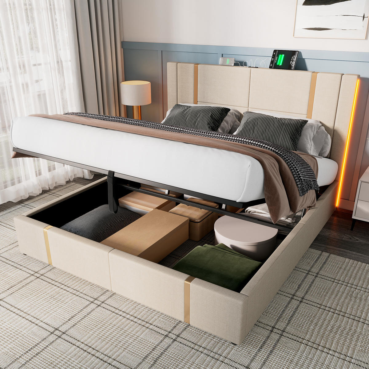 POLSTERBETT 140/200 cm mit Bettkasten, LED-Beleuchtung, USB-C und Matratze - Beige, Textil (140/200cm) - BEAOK