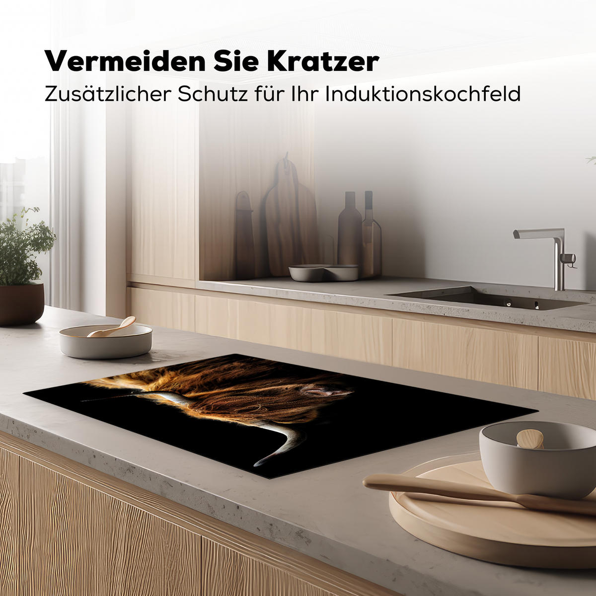HERDABDECKPLATTE Schottischer Highlander - Hörner - Schwarz - Tiere - Natur - Wild - Kuh Induktionsschutz 80x52.2 cm - Cognac, Kunststoff (80.2/52.2/0.2cm) - MuchoWow