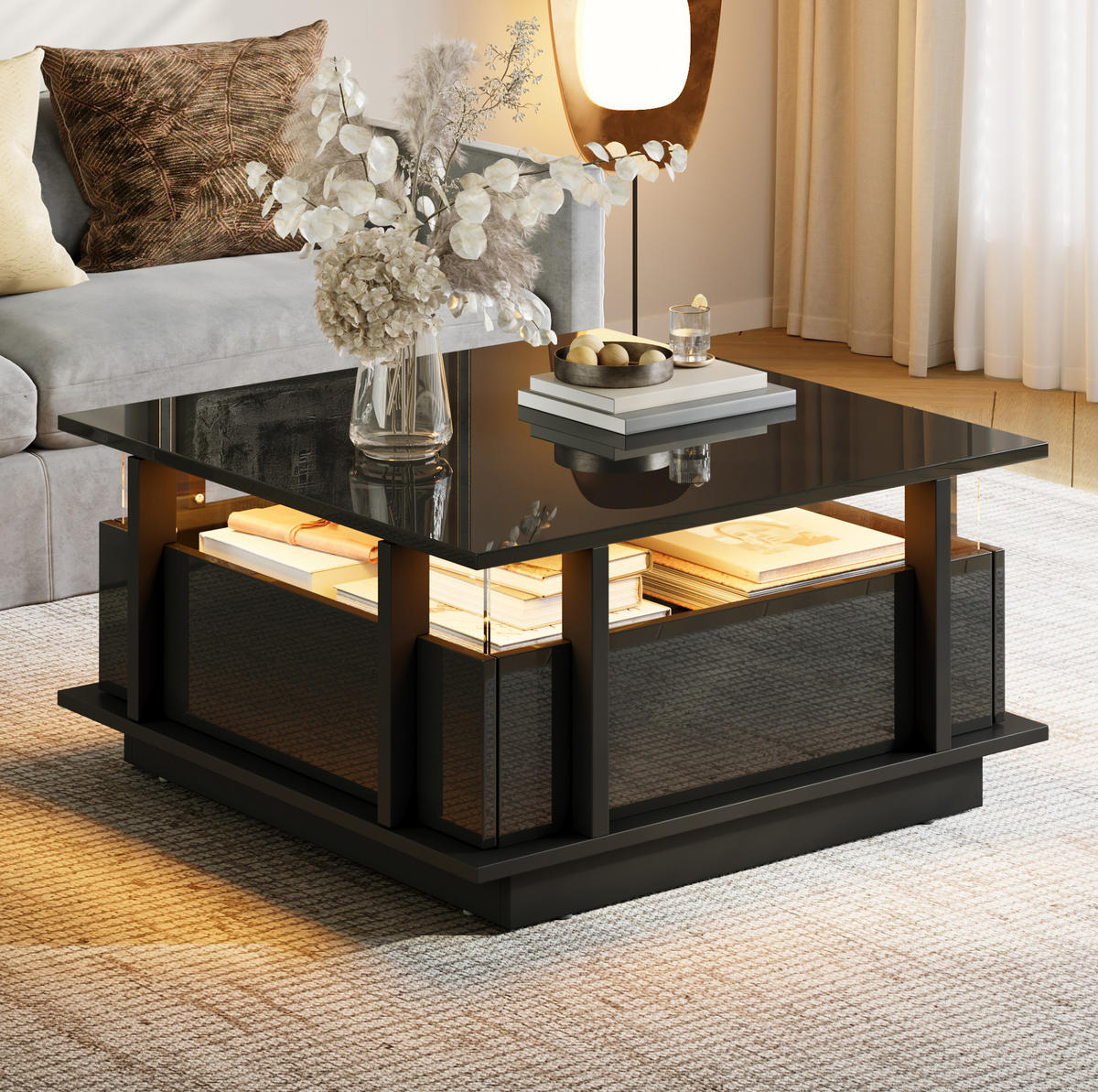 COUCHTISCH mit 2 Schubladen 70x70 cm Hochglanz Schwarz mit LED - Schwarz, Holzwerkstoff (70/70/35cm) - Meubliv