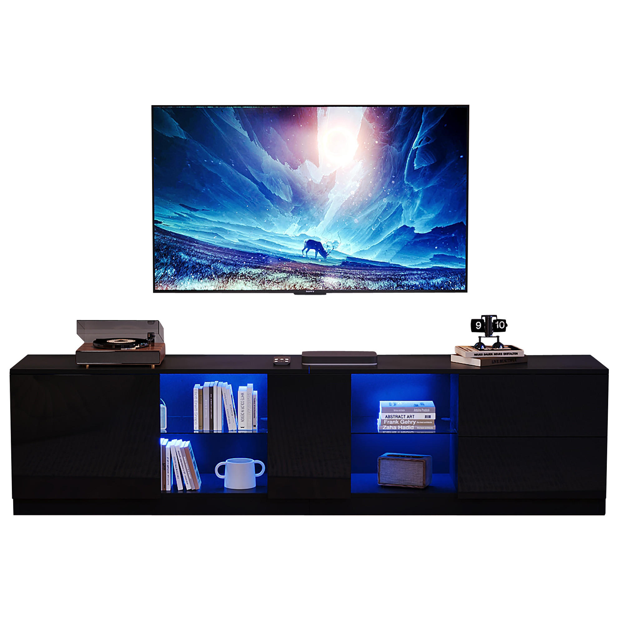 Modfu TV stolek z MDF 160x52x40 cm černý s LED osvětlením, vysokým leskem a úložným prostorem
