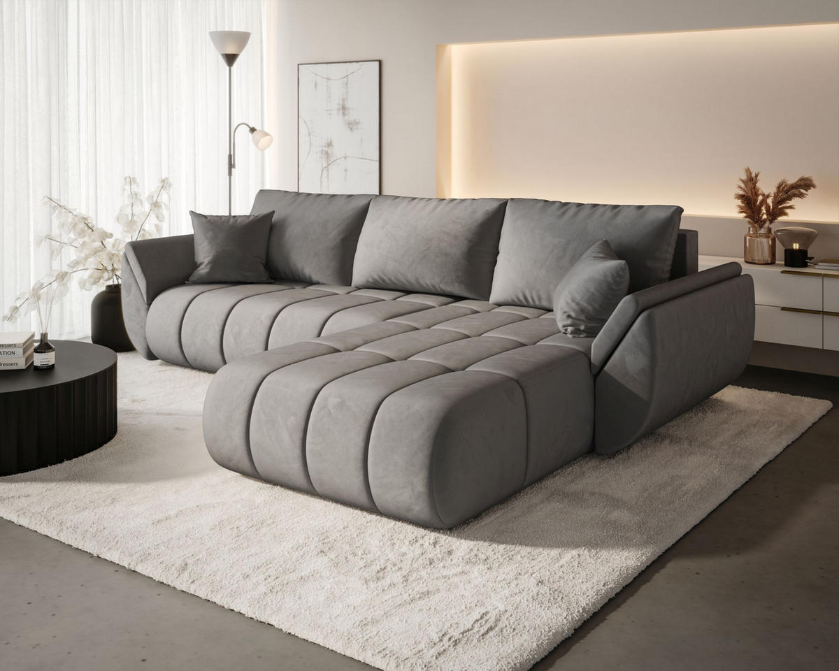 ECKSOFA SYDNEY PREMIUM rechts hellgrau Velours Monolith 84 - Schlaffunktion, Bettkasten - Hellgrau, Textil (280/185cm) - Cornero