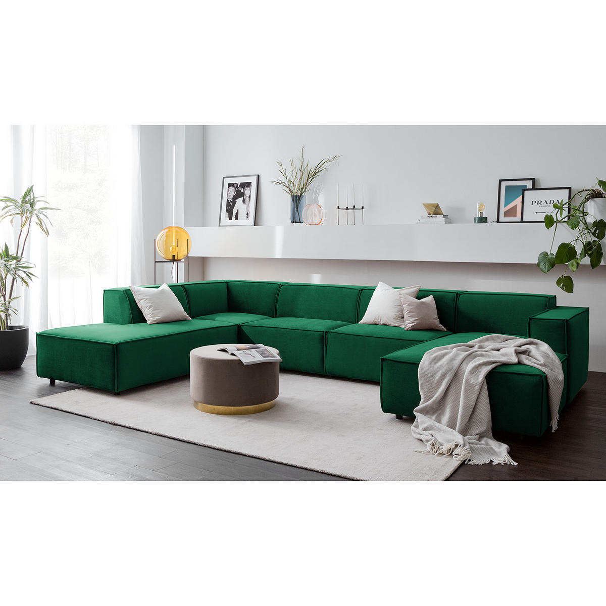 WOHNLANDSCHAFT mit Longchair & Ottomane - Dunkelgrün/Schwarz, Kunststoff/Textil (369/70/234cm) - home24