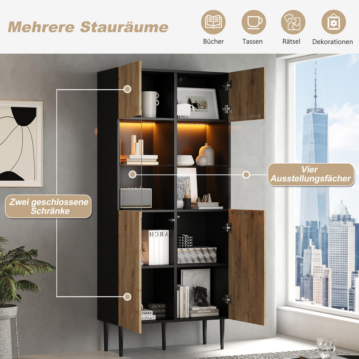 VITRINE LED Hochschrank Glas 10 Fächer Holz Schwarz 180cm - Multicolor, Holzwerkstoff (80/180/35cm) - FLIEKS