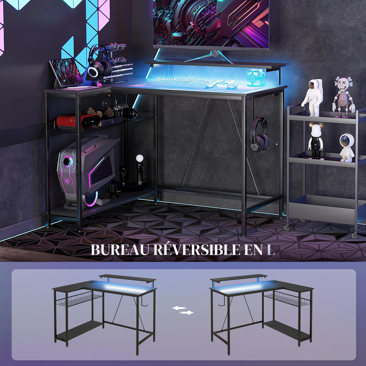 ECKSCHREIBTISCH DE-14907 mit LED, USB & Steckdosen Schwarz - Schwarz, Holzwerkstoff (107/80/90cm) - ComfortXL