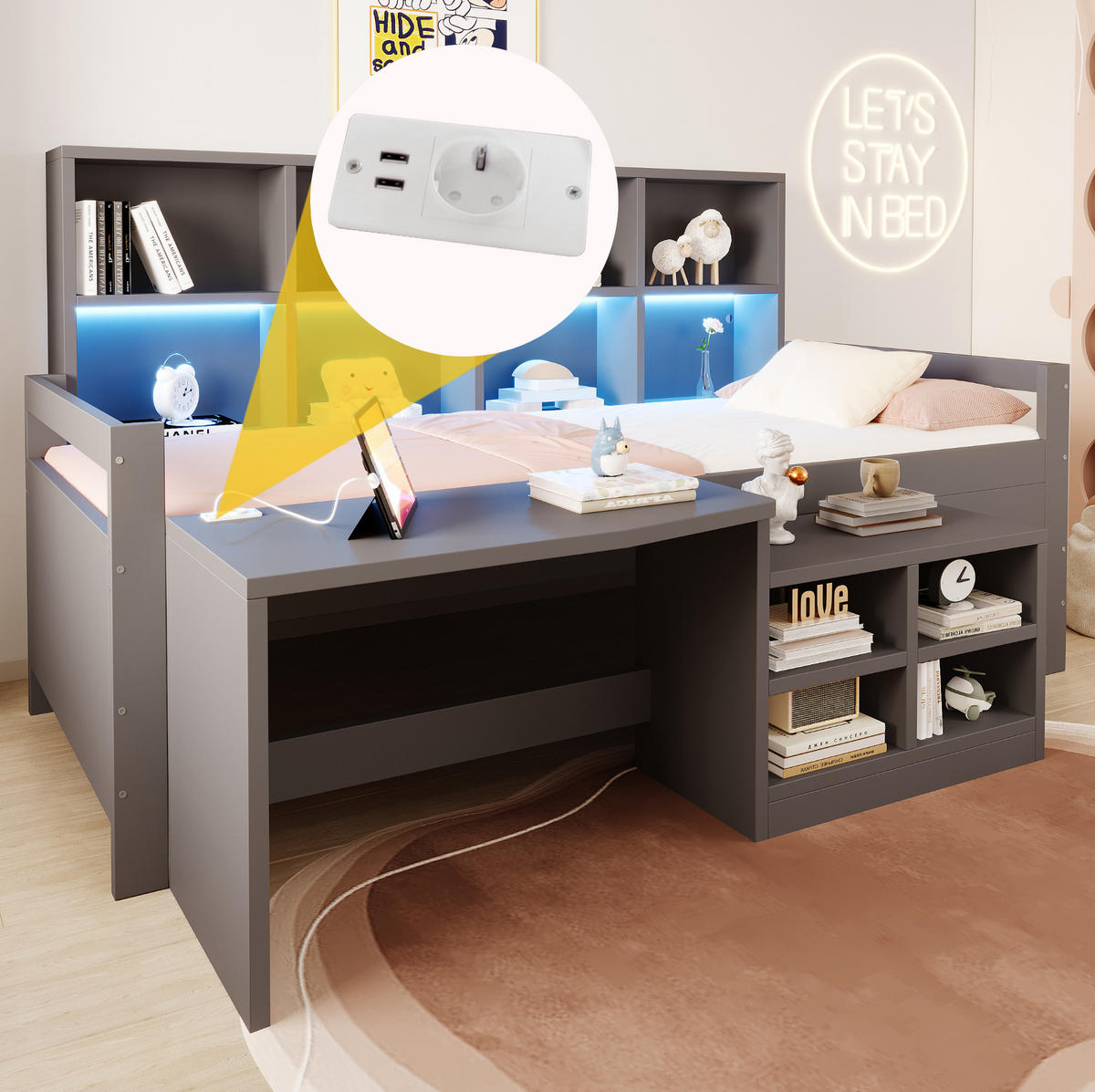 MULTIFUNKTIONSBETT 90x200 cm in Grau mit Schreibtisch, Stauraum und LED-Leiste - Grau, Holz (90/200cm) - IVMEU