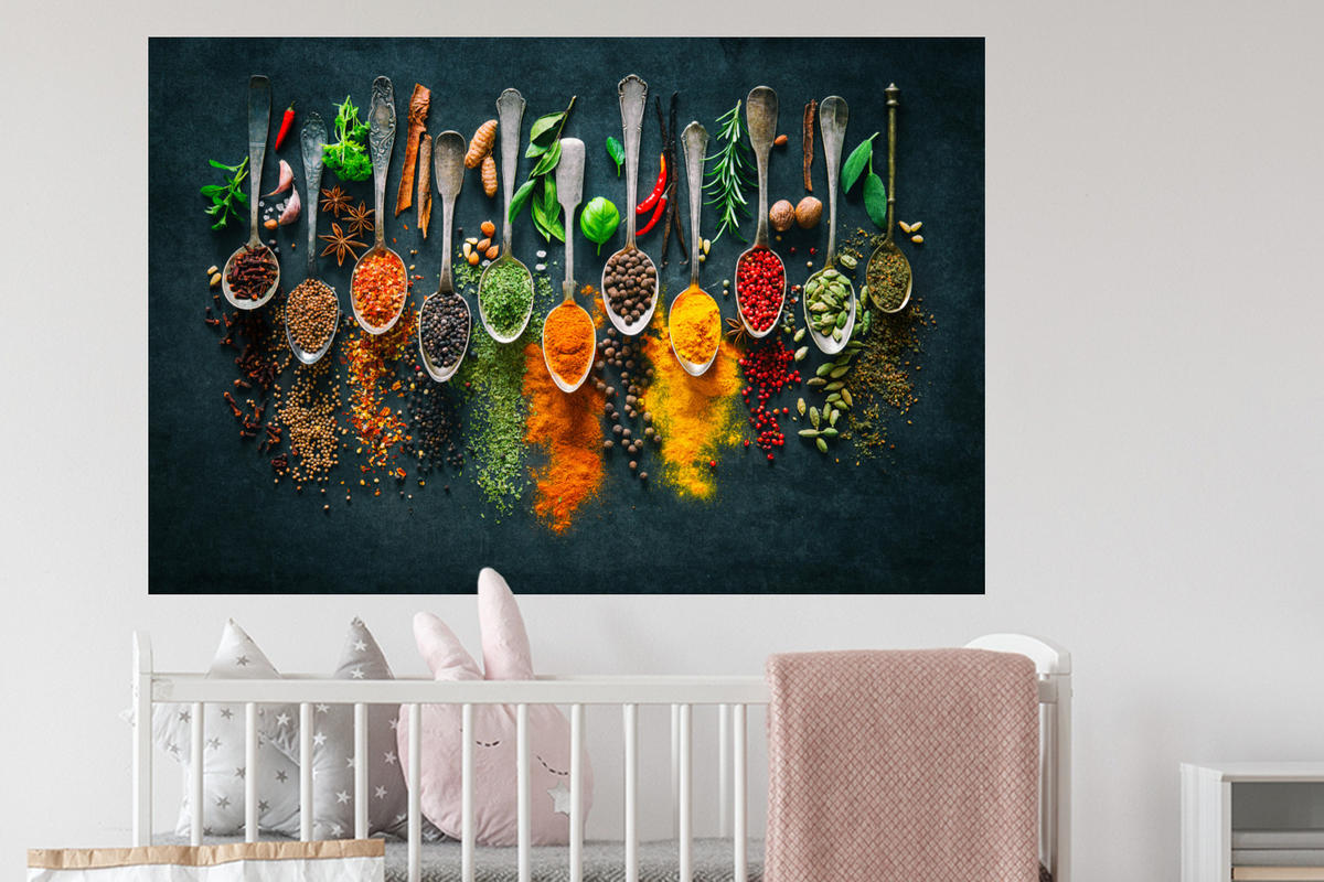 WANDTATTOO Kräuter - Gewürze - Löffel 120x80 cm - Currygelb, Kunststoff (120/80/0.1cm) - MuchoWow