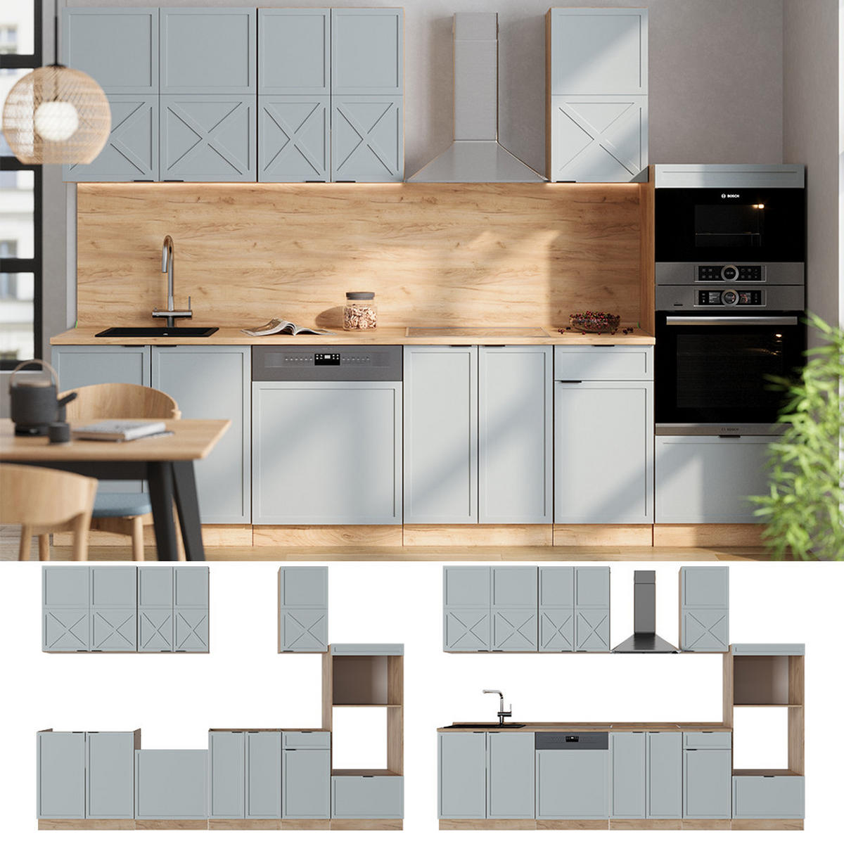 KÜCHENZEILE Fame-Line Hellblau-grau/Goldkraft Eiche 300 cm ohne AP - Honigeiche/Blaugrau, Holzwerkstoff (300/81.6/46cm) - Vicco