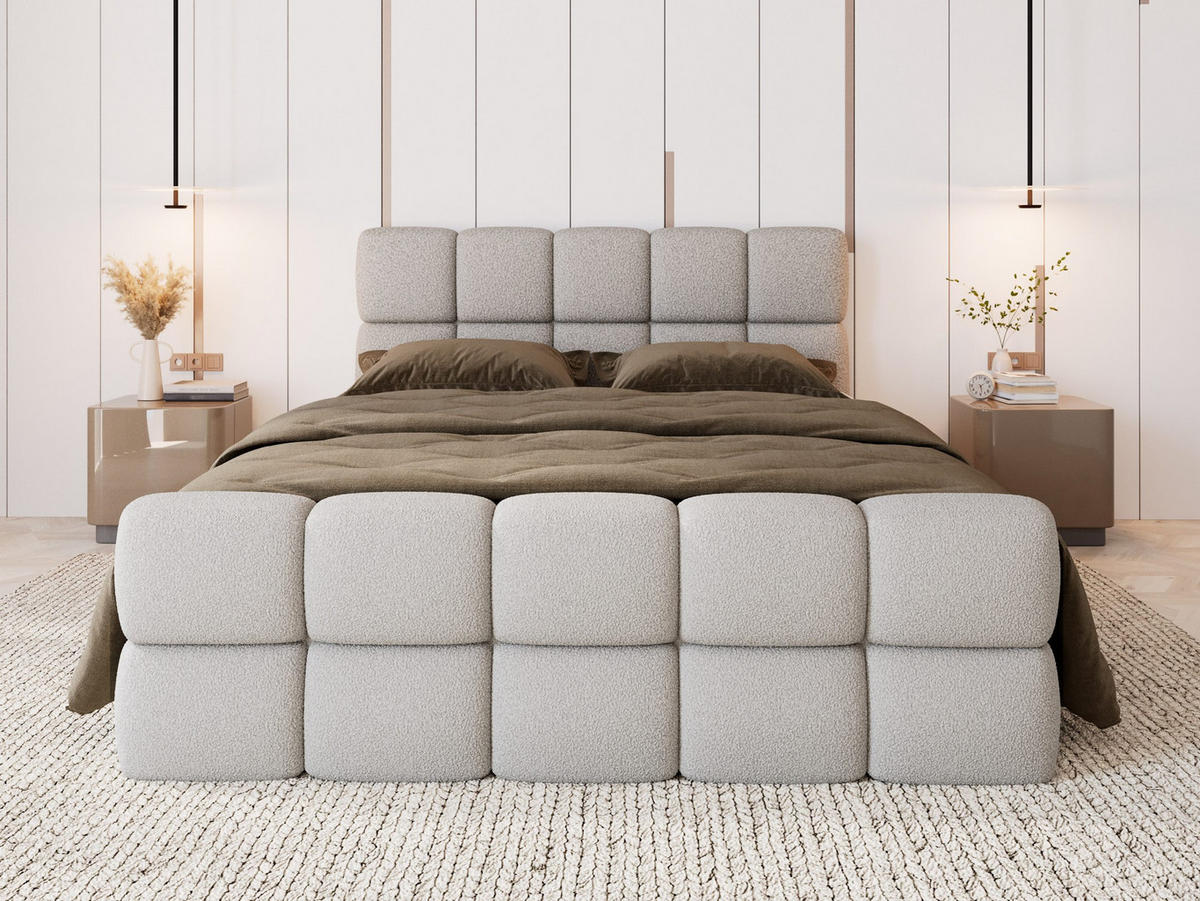BOXBETT Vanessa 180/200 cm, in Dunkelgrau, Bouclé-Stoff, Bettkasten, Matratze, Topper - Dunkelgrau, Textil (180/200cm) - Barchello