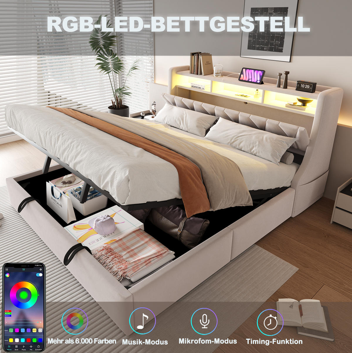 ČALÚNENÁ posteľ 180/200 cm s LED osvetlením, úložným priestorom a zásuvkami USB/Typ-C, Béžová - béžová, textil (180/200cm) - Redom