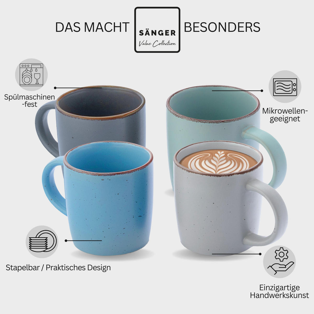 KAFFEEBECHER BOMBAY SKY SHADES - 4 teilig aus Steingut - Hellgrau/Hellblau, Stein (0.8L) - Sänger