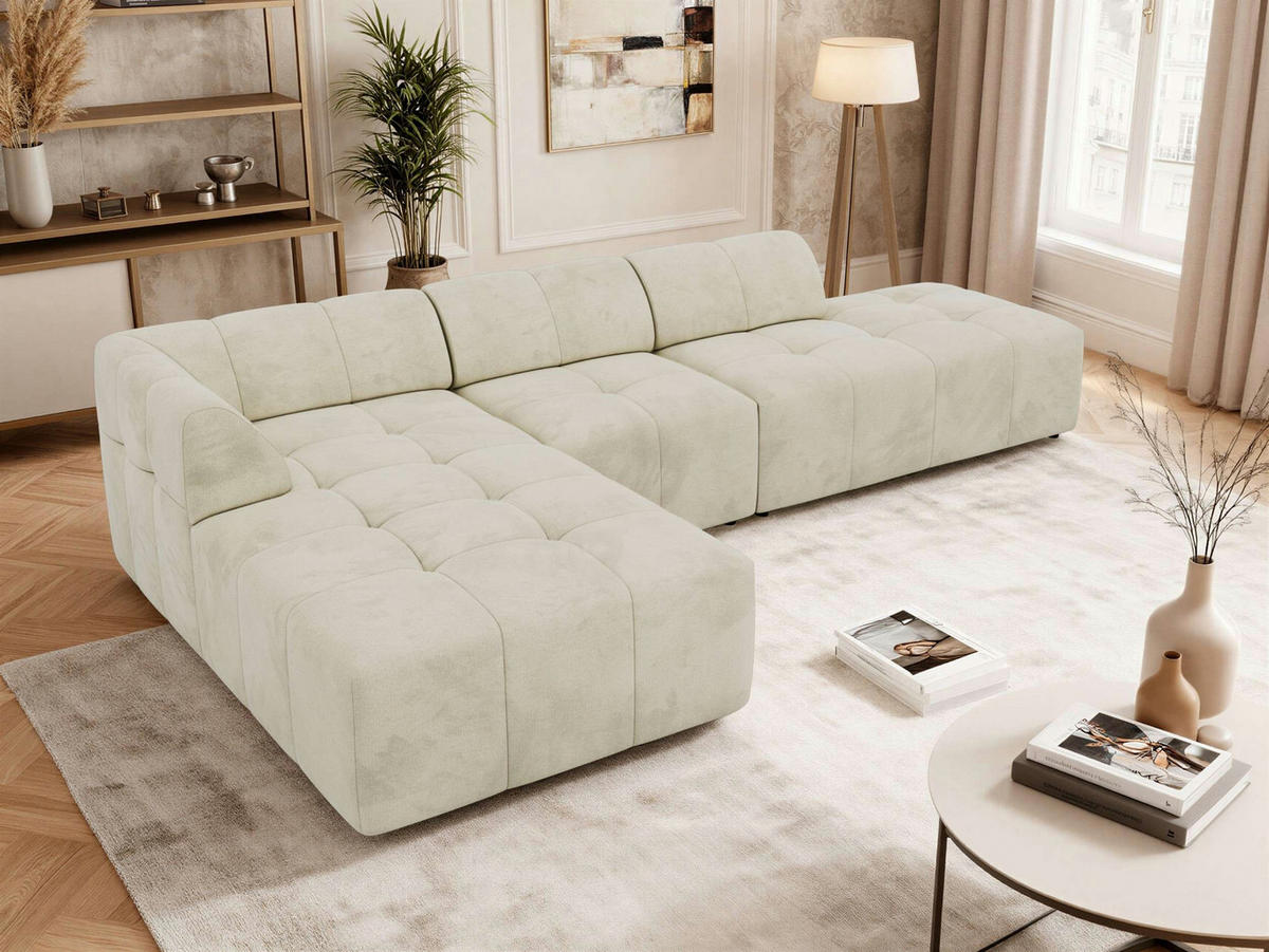 ECKSOFA GRIDA 3M L Beige Velvet - Links - Beige/Schwarz, Kunststoff/Textil (335/176cm) - MKS