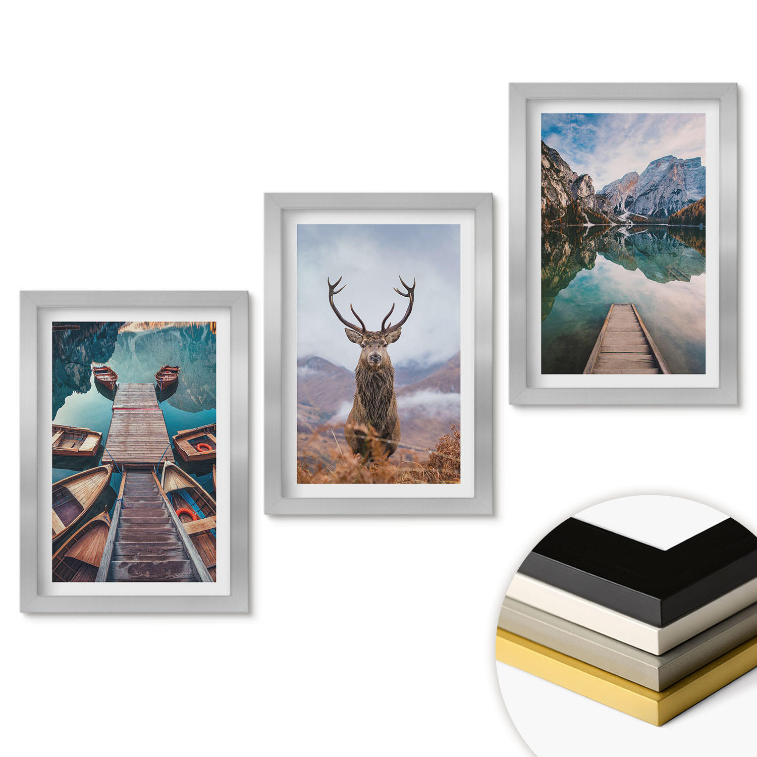 WANDBILDER 3er Set - 20x30 cm Silberner Rahmen - Seeboote Hirsche Berge - Silberfarben, Kunststoff (20/30cm) - ArtPrintCave