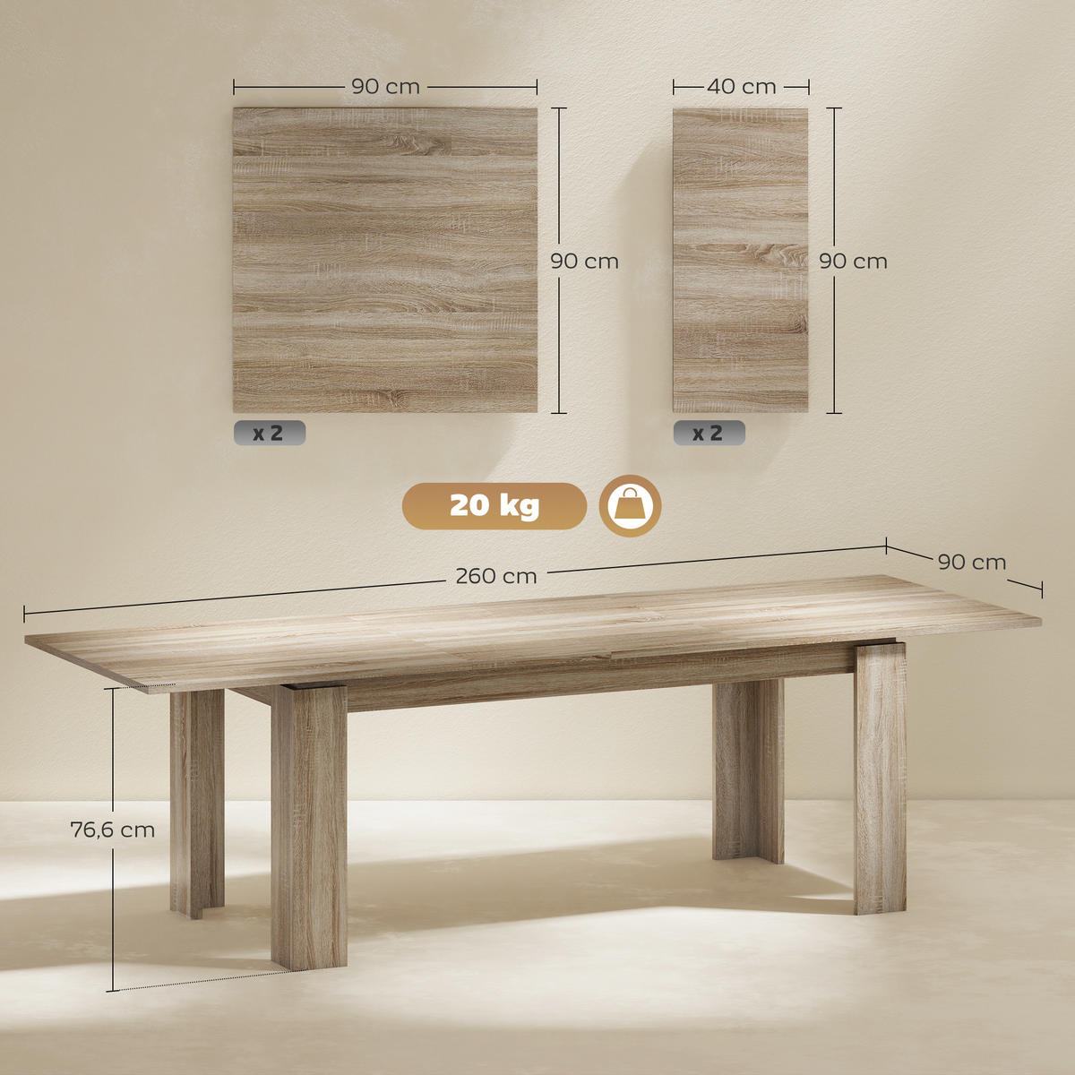 ESSTISCH ausziehbar 180-260 x 90 cm Küchentisch für 8-10 Personen, Eiche - Eichefarben, Holzwerkstoff (260/90/76.6cm) - HOMCOM