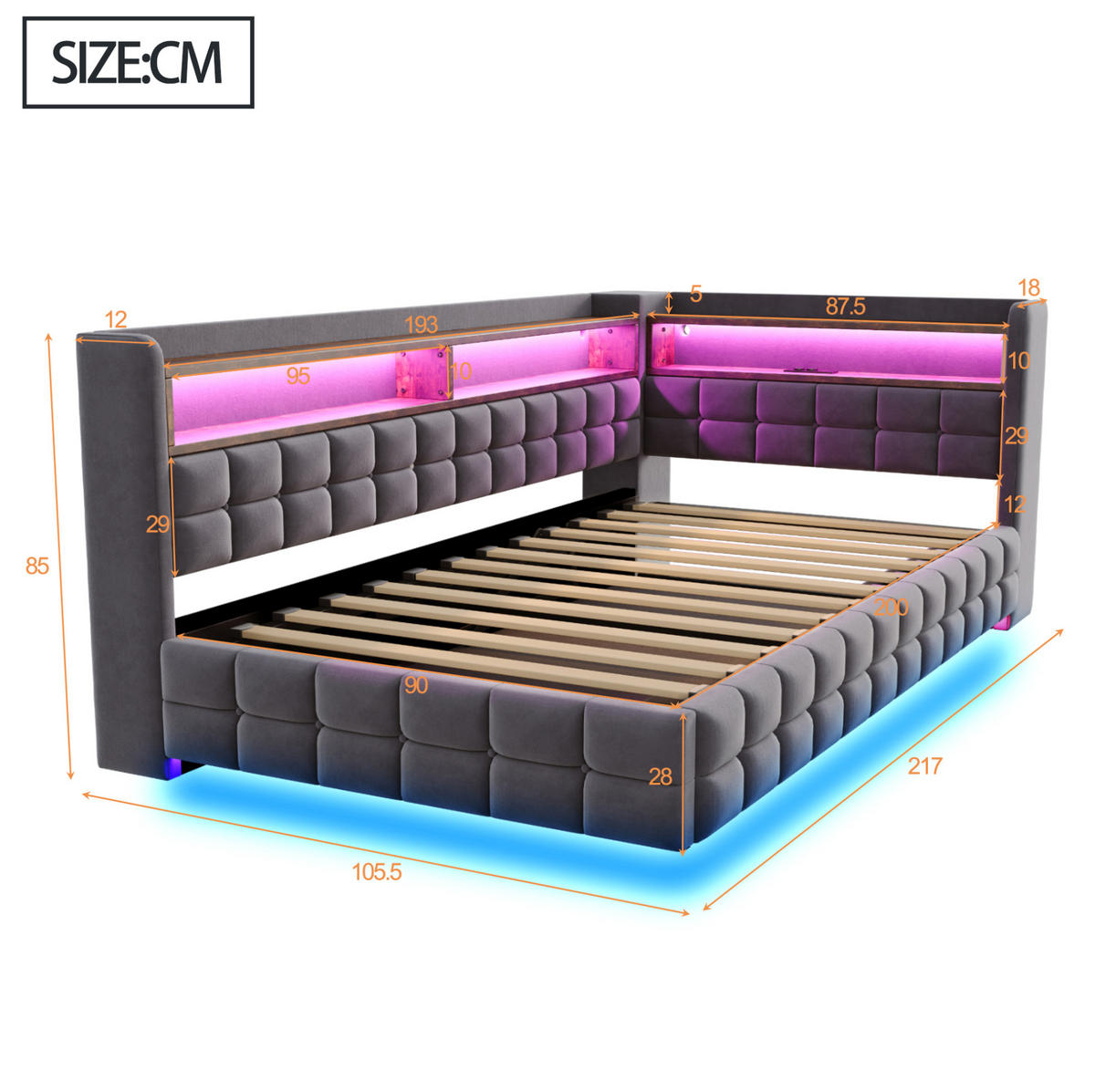 ČALOUNĚNÁ postel 90/200 cm s hydraulickým úložným prostorem, LED, USB, Typ-C a policemi, samet, Šedá - šedá, textil (90/200cm) - Redom