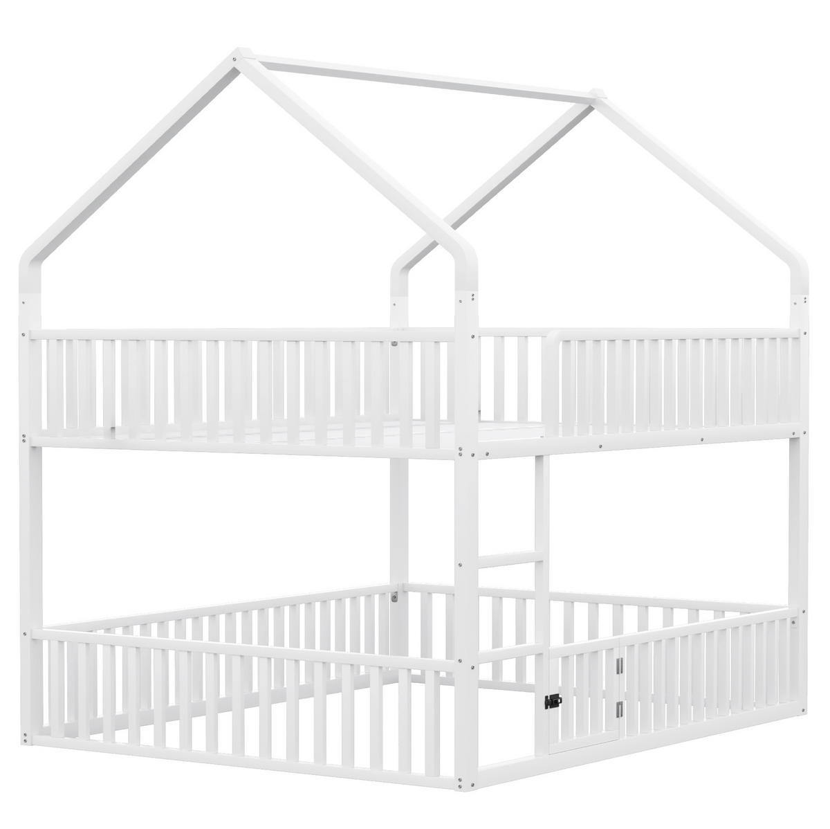 HAUSBETT 140/200 cm aus Metall in Weiß mit Hausrahmen und Treppe - Weiß, Metall (140/200cm) - BEAOK