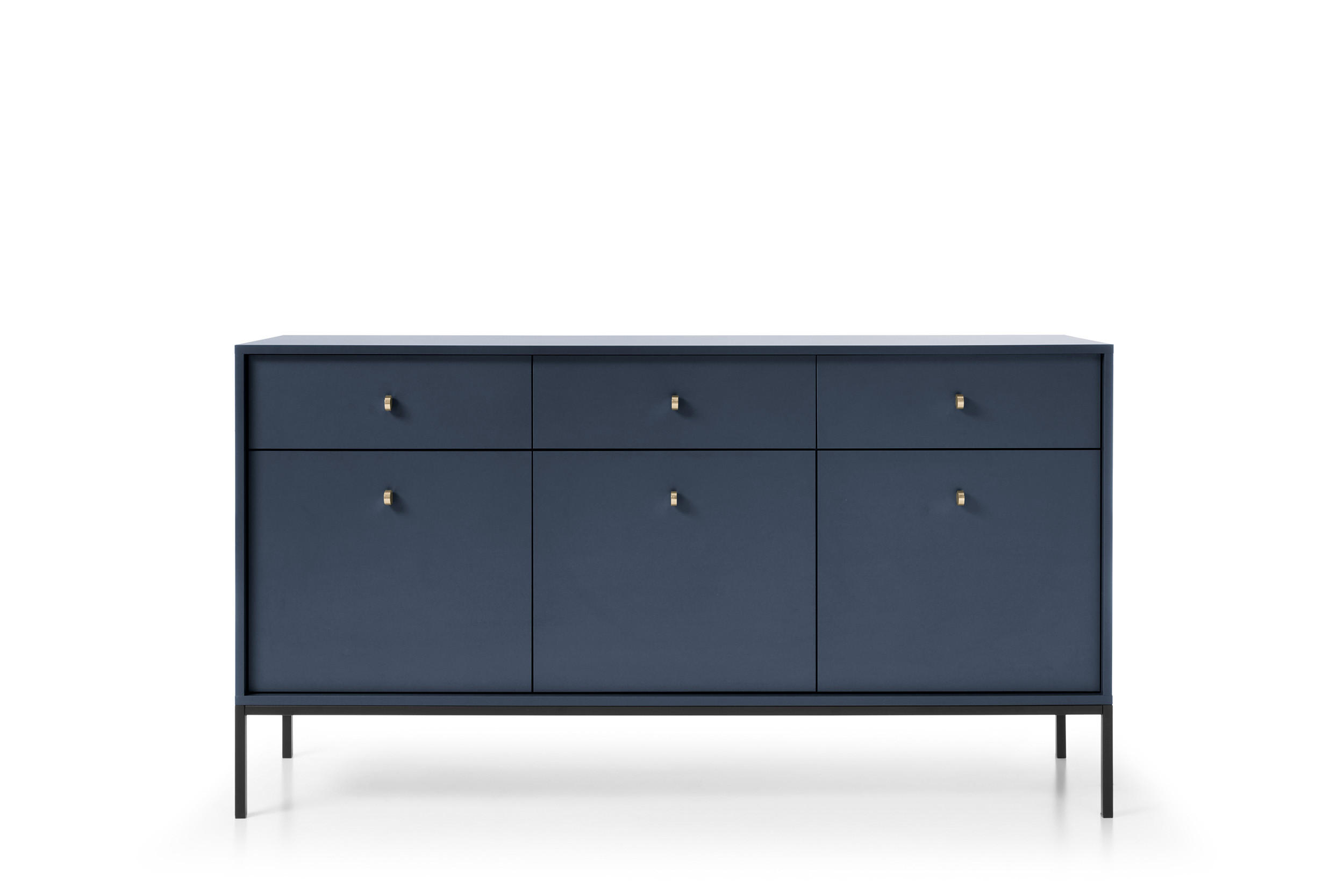 KOMMODE Molly Dunkelblau, Schwarze Beine, Dreitürige mit Schubladen - Schwarz/Dunkelblau, Holzwerkstoff/Metall (154/83/39cm) - Bettso