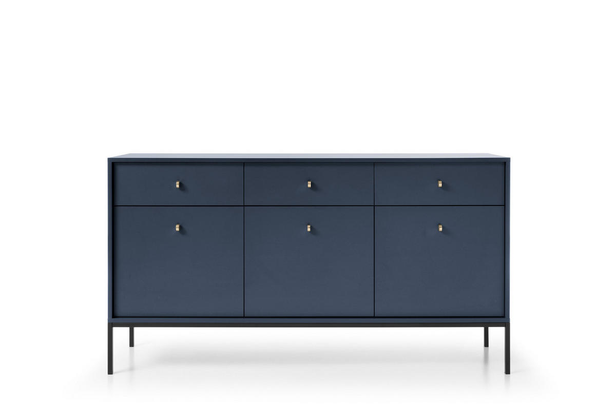 KOMMODE Molly Dunkelblau, Schwarze Beine, Dreitürige mit Schubladen - Schwarz/Dunkelblau, Holzwerkstoff/Metall (154/83/39cm) - Bettso