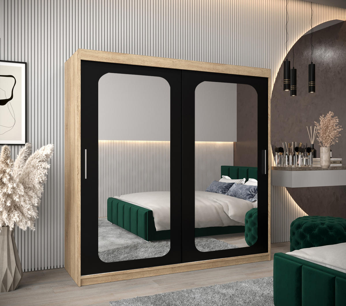 SCHWEBETÜRENSCHRANK 200/200/62 2-türig - Silberfarben/Schwarz, Holz/Kunststoff (200/200/62cm) - Abiks Möbel