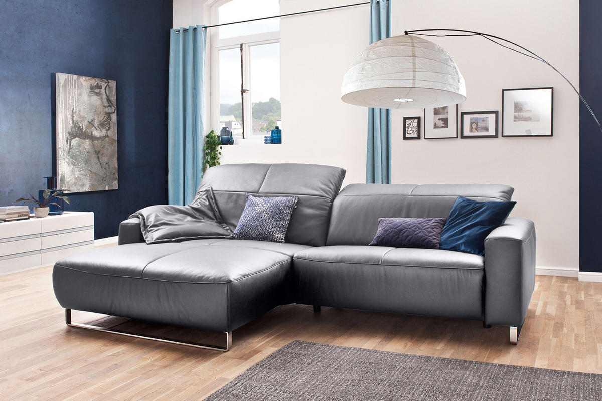ECKSOFA YORK Hellgrau Leder - Silberfarben/Hellgrau, Leder (284/180cm) - KAWOLA