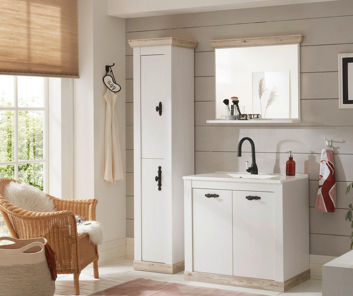 BADKOMBINATION Pinie weiß, Oslo Pinie, Landhaus Badmöbel Set 4-tlg. MIT Waschbecken 143 x 200 cm - Dunkelgrau/Weiß, Holzwerkstoff/Metall (143/200/46cm) - Furn.Design