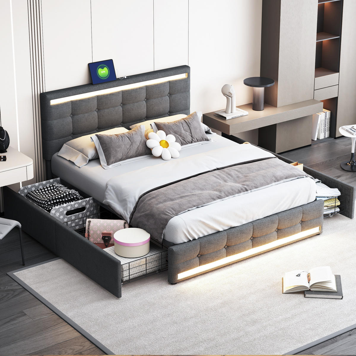 POLSTERBETT 140/200 cm grau mit LED-Beleuchtung und 4 Schubladen - Grau, Textil (140/200cm) - OKWISH