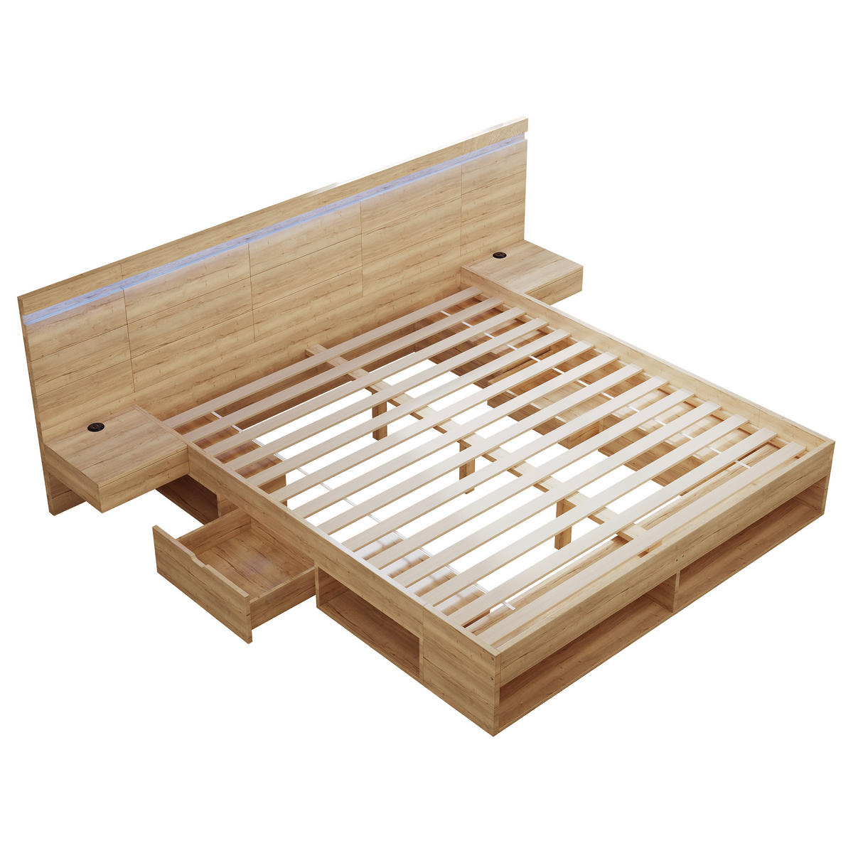 BETT 180/200 cm in Natur mit 2 Nachttischen, Schubladen, LED und USB MDF-Design - Naturfarben, Holzwerkstoff (180/200cm) - STILVORA