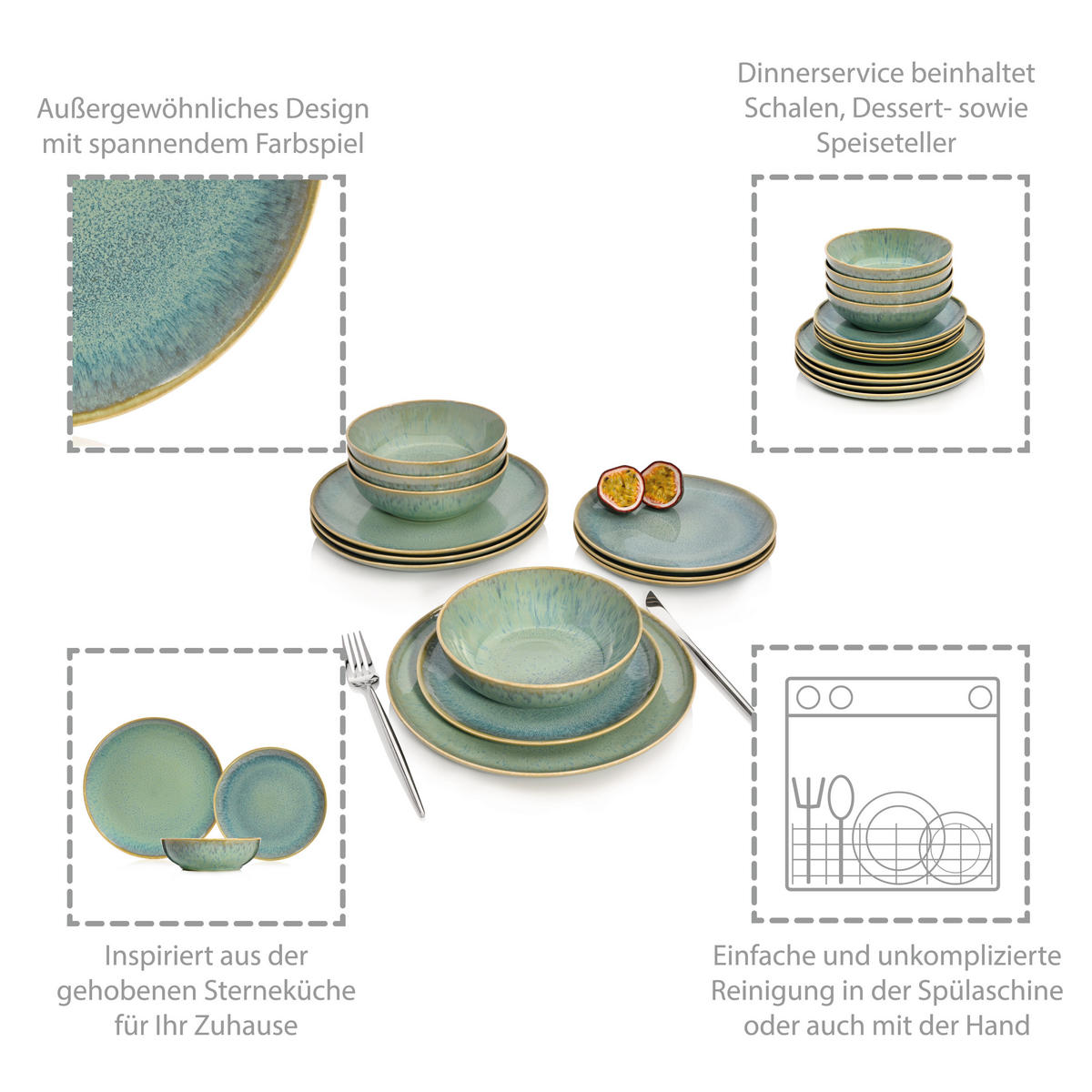 TAFELSERVICE MAYA - 12 teilig aus Steingut - Grün, Keramik (35.4/33/36.29cm) - Sänger