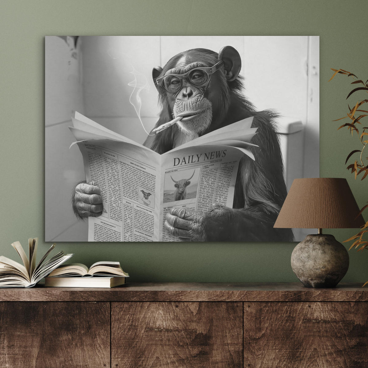 AKUSTIKPANEEL Affe - WC - Zeitung - Schwarz-Weiß - Humor 80x60 cm - Hellgrau, Textil (80/0.9/60cm) - MuchoWow
