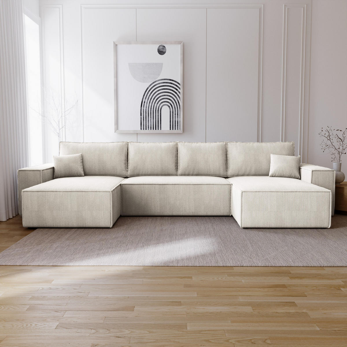 ECKSOFA U 380 cm Bergamo mit Schlaffunktion, Cordstoff, Ecru - Ecru, Holz (377/189cm) - Emporius