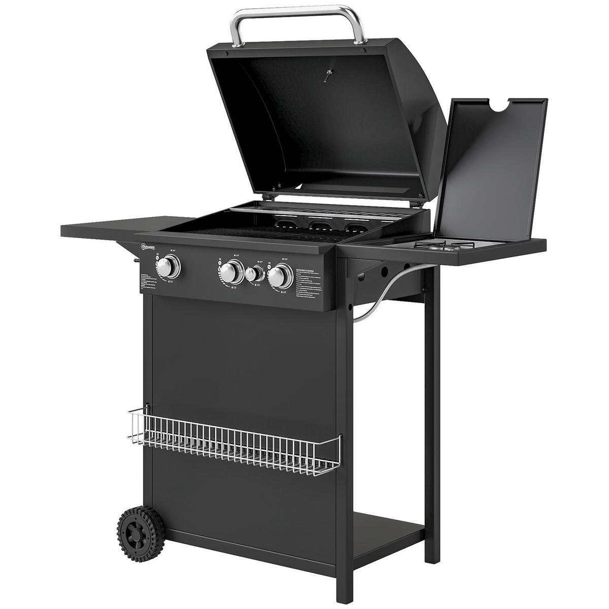 GASGRILL DE-18620 3+1 Brenner 9,5 kW mit 2 Grillrosten Schwarz - Schwarz, Metall (58/98/123cm) - ComfortXL