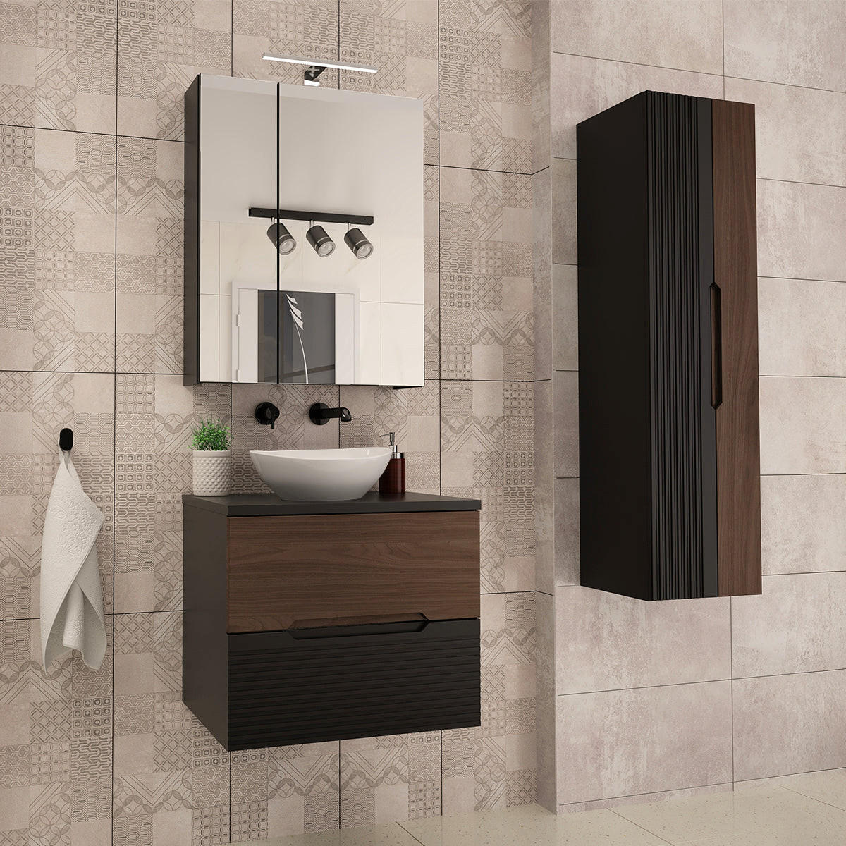 BADMÖBEL 60.6cm Sylla 2er-Set Schwarz und Holz - Schwarz, Holzwerkstoff (60.6/52.2/46.5cm) - Petits-meubles