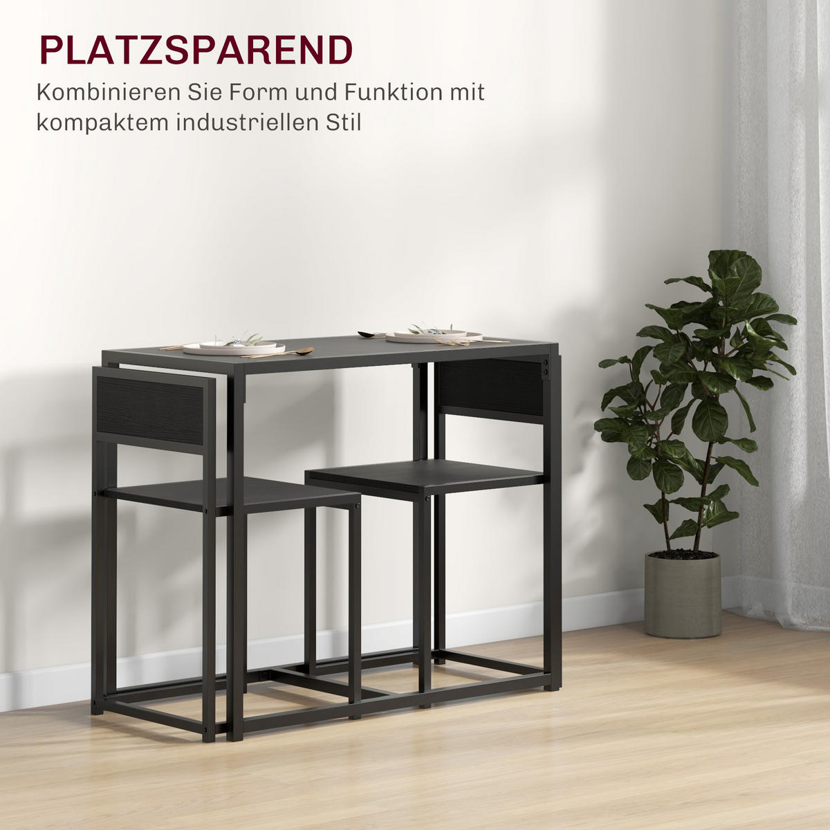ESSGRUPPE mit 1 Tisch und 2 Stühlen Schwarz 90.0/47.0/76.0 cm - Schwarz, Metall (47/76/90cm)