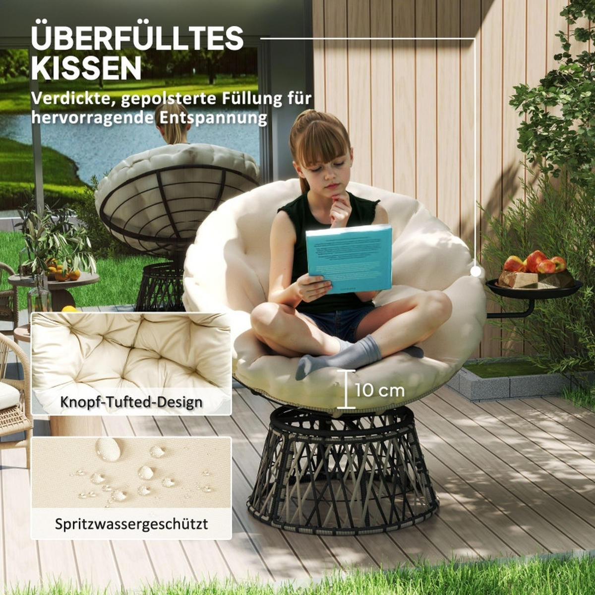 GARTENSTUHL aus Rattan 118x76x88 cm in Beige mit 360° Drehfunktion & Seitentablett - Beige, Metall (118/88/76cm) - Modfu