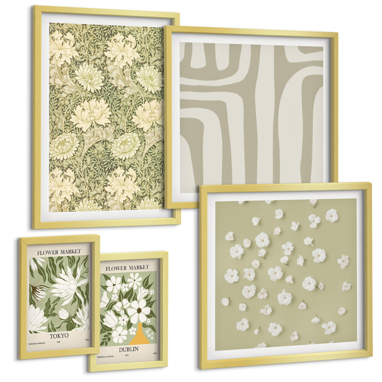 BILDER SET 5er Set - 50x50 cm & 20x30 cm & 40x60 cm Goldrahmen - Boho-Pflanzenkompositionen in Pastellfarben - Goldfarben, Kunststoff (40/60cm) - TULUP