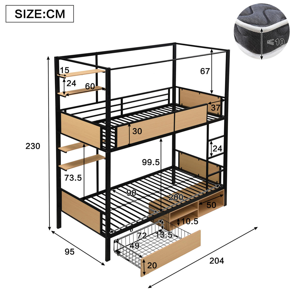 ETAGENBETT 90/200 cm aus Metall und MDF mit Stauraum & Ablagen - Schwarz, Holzwerkstoff (90/200cm) - Flora Grace