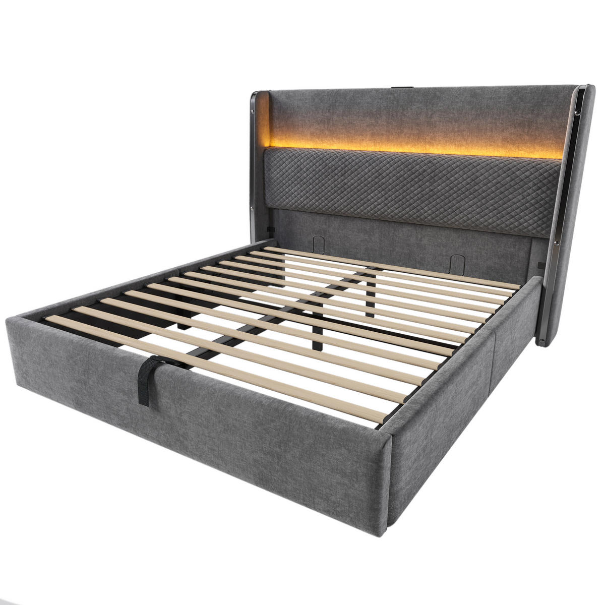 POLSTERBETT 160/200 cm Grau mit hohem Kopfteil und LED-Beleuchtung - Grau, Textil (160/200cm) - OKWISH