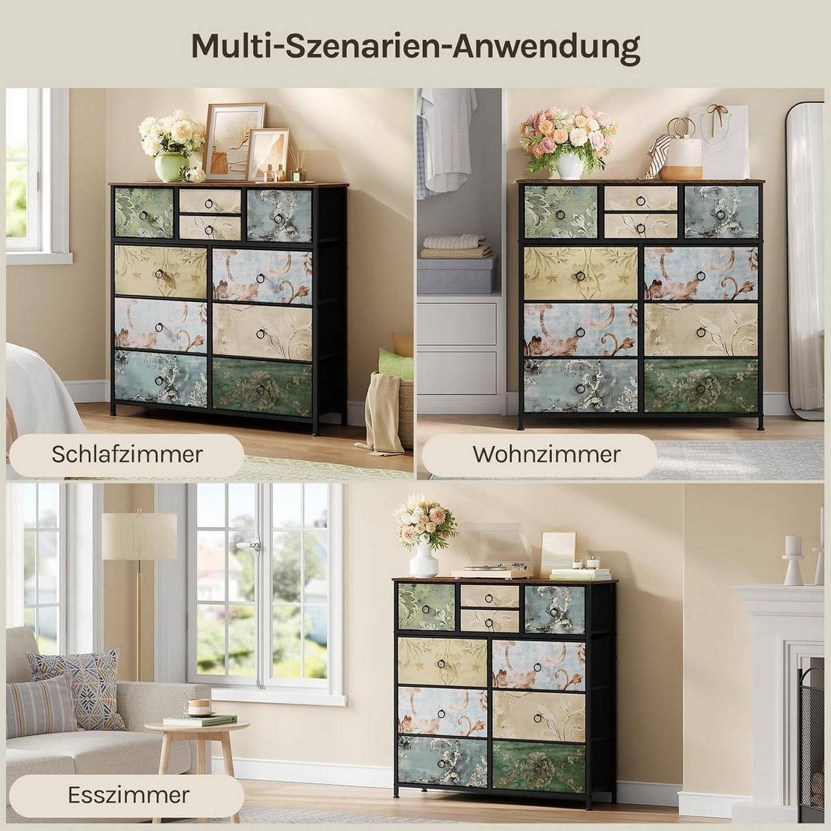 KOMMODE mit 10 Schubladen, aus Stoff, Vintage-Blumenmotiv - Multicolor/Schwarz, Holzwerkstoff/Textil (100/100/30cm) - Woltu
