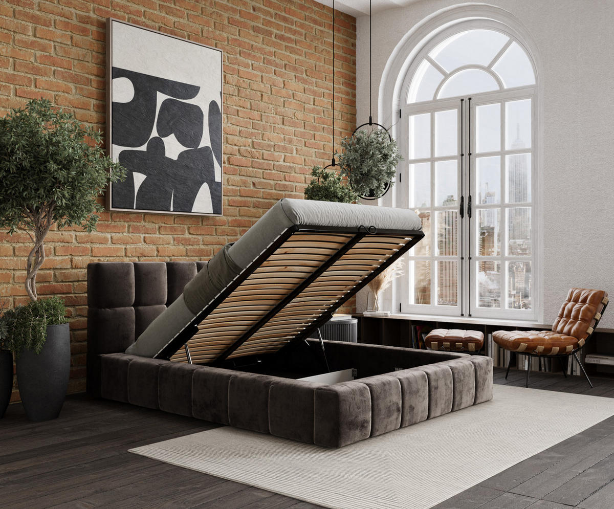 POLSTERBETT Kendal Dos Braun 160/200 cm im Chenille-Stoff - Schwarz/Naturfarben, Holz/Holzwerkstoff (160/200cm) - Maison de Reve