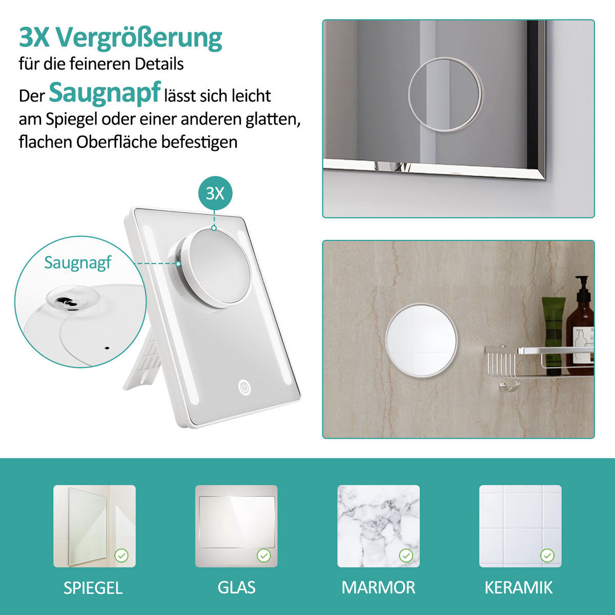 KOSMETIKSPIEGEL mit Licht mit Abnehmbare Saugnapfes, Weiß, 22,4/16,3 cm - Weiß, Glas (16.3/22.4/22.4cm) - EMKE