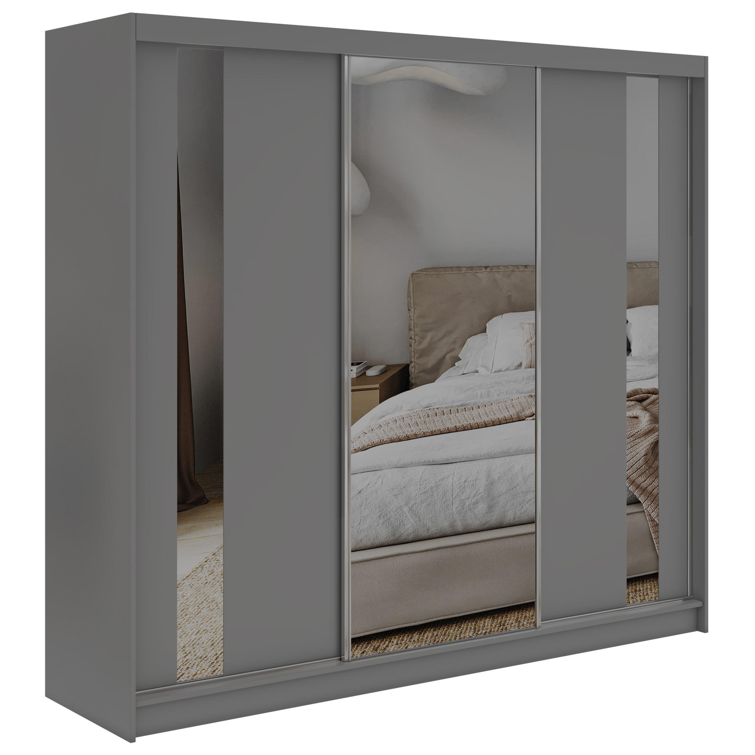 SCHWEBETÜRENSCHRANK mit Schubladen 240 - GRECJA - Grau mit Spiegel - Alufarben/Grau, Holzwerkstoff/Metall (240/216/61cm) - MKS