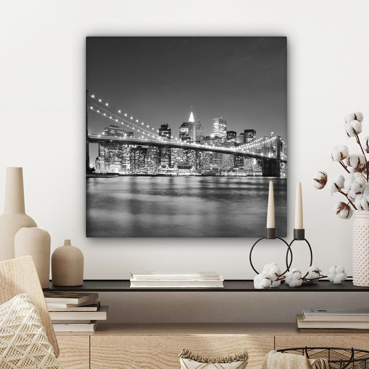 LEINWANDBILD - New York - Brücke - Brooklyn - Schwarz und weiß - Architektur - 50x50 - Room Decor - Schwarz, Textil (50/50cm) - MuchoWow