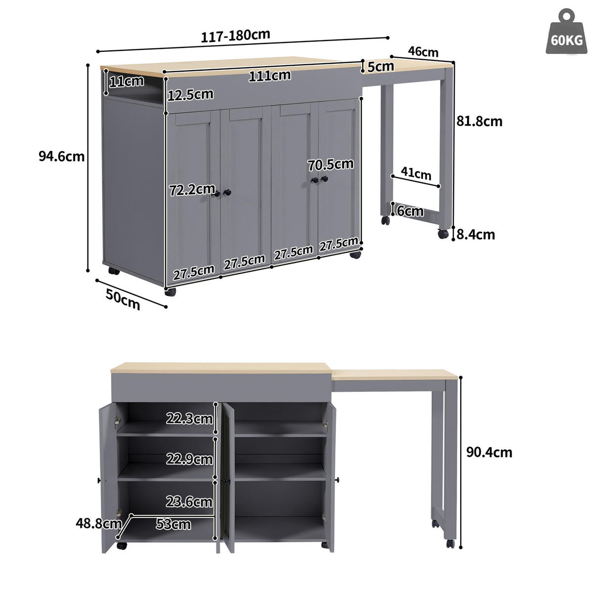 BARTISCH ausziehbar 117-180 x 50 x 94,6 cm Grau - Grau, Holz (50/94.5/180cm) - Beauniv